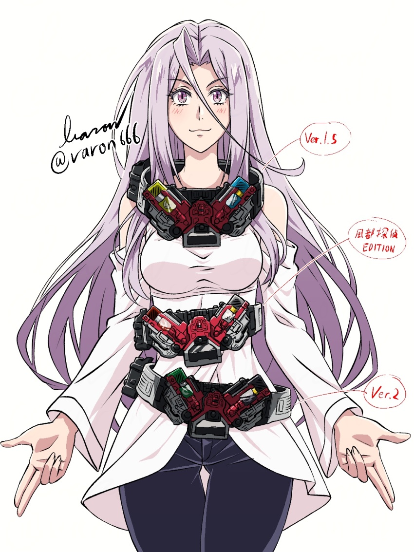 1girl baron_(varon666) breasts fuuto_tantei highres kamen_rider long_hair looking_at_viewer purple_eyes purple_hair solo tokime_(fuuto_tantei) varon
