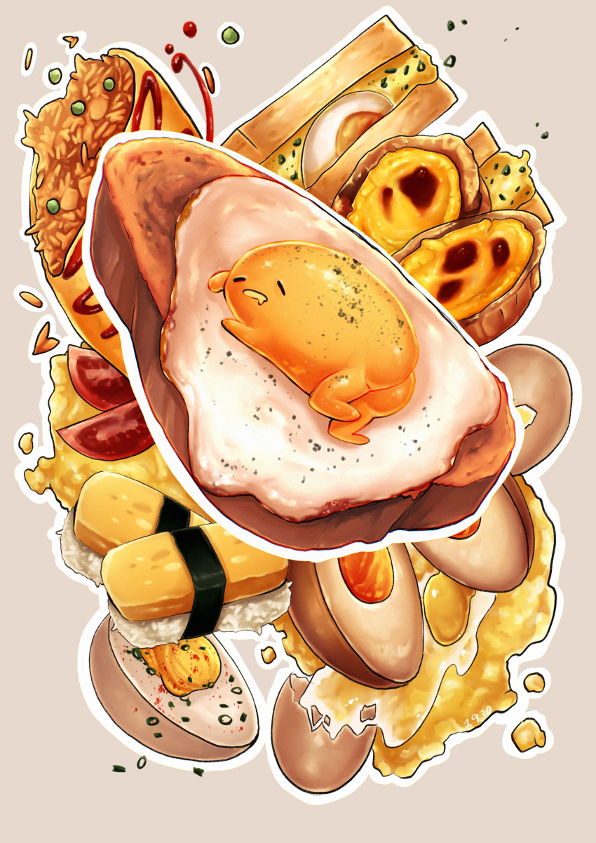 absurdres bread bread_slice egg egg_(food) food food_focus fried_egg fried_rice gudetama highres ketchup mothman1930 no_humans omelet omurice rice sandwich sanrio softboiled_egg toast