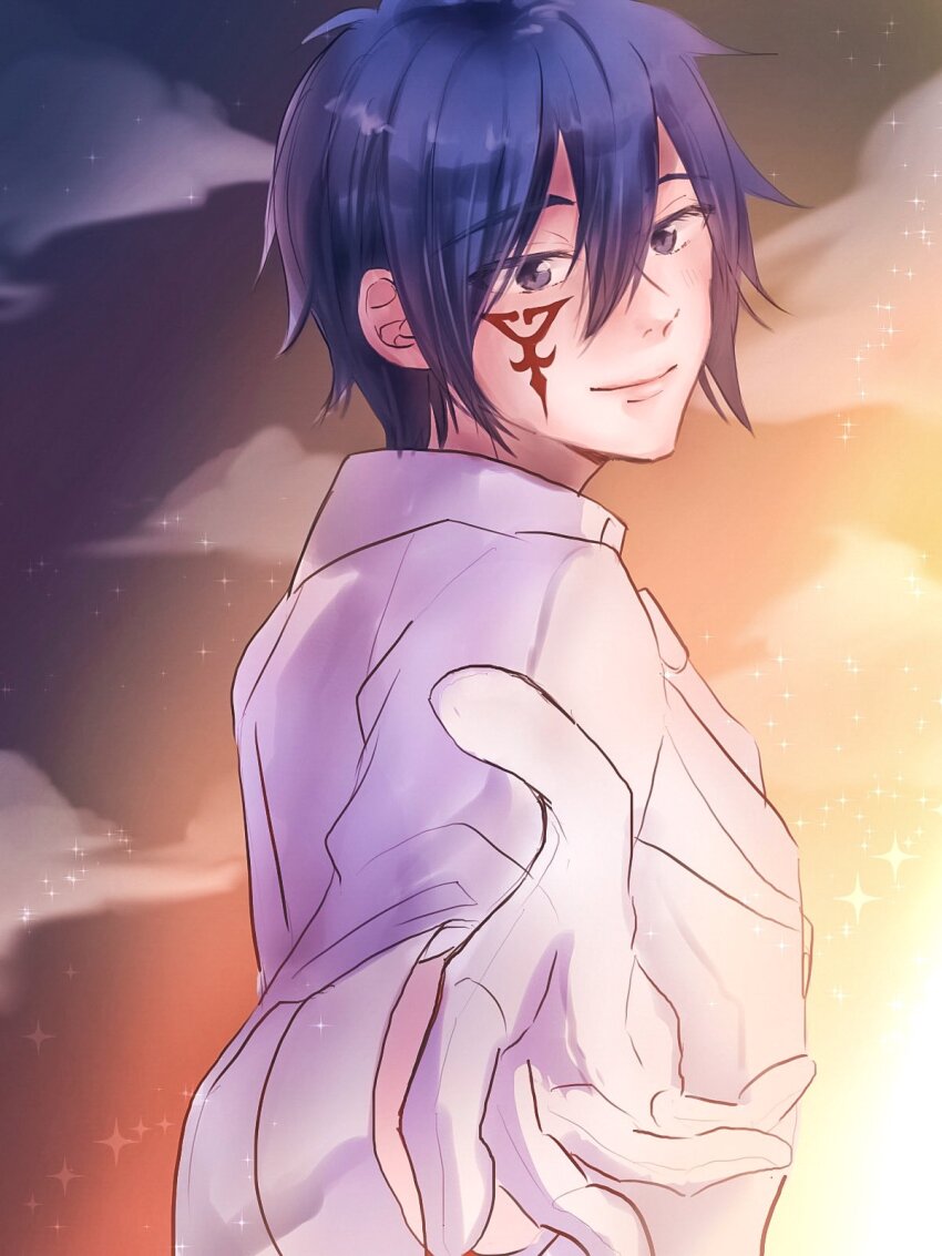1boy blue_eyes blue_hair collared_shirt facial_tattoo fairy_tail gloves highres jellal_fernandes looking_at_viewer outdoors puuyan shirt short_hair solo tattoo upper_body white_gloves white_shirt