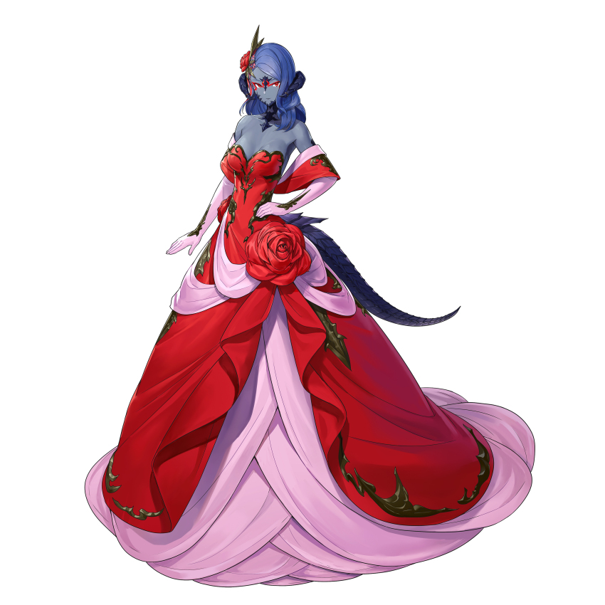 1girl absurdres au_ra blue_hair breasts colored_skin commission dragon_girl dragon_horns dragon_tail dress elbow_gloves final_fantasy final_fantasy_xiv flower full_body gloves grey_skin hair_flower hair_ornament hand_on_own_hip highres horns looking_at_viewer medium_breasts mytea_(soso) original pink_gloves red_dress red_eyes red_flower red_rose red_shawl rose scales shawl skeb_commission smile solo standing tail warrior_of_light_(ff14)
