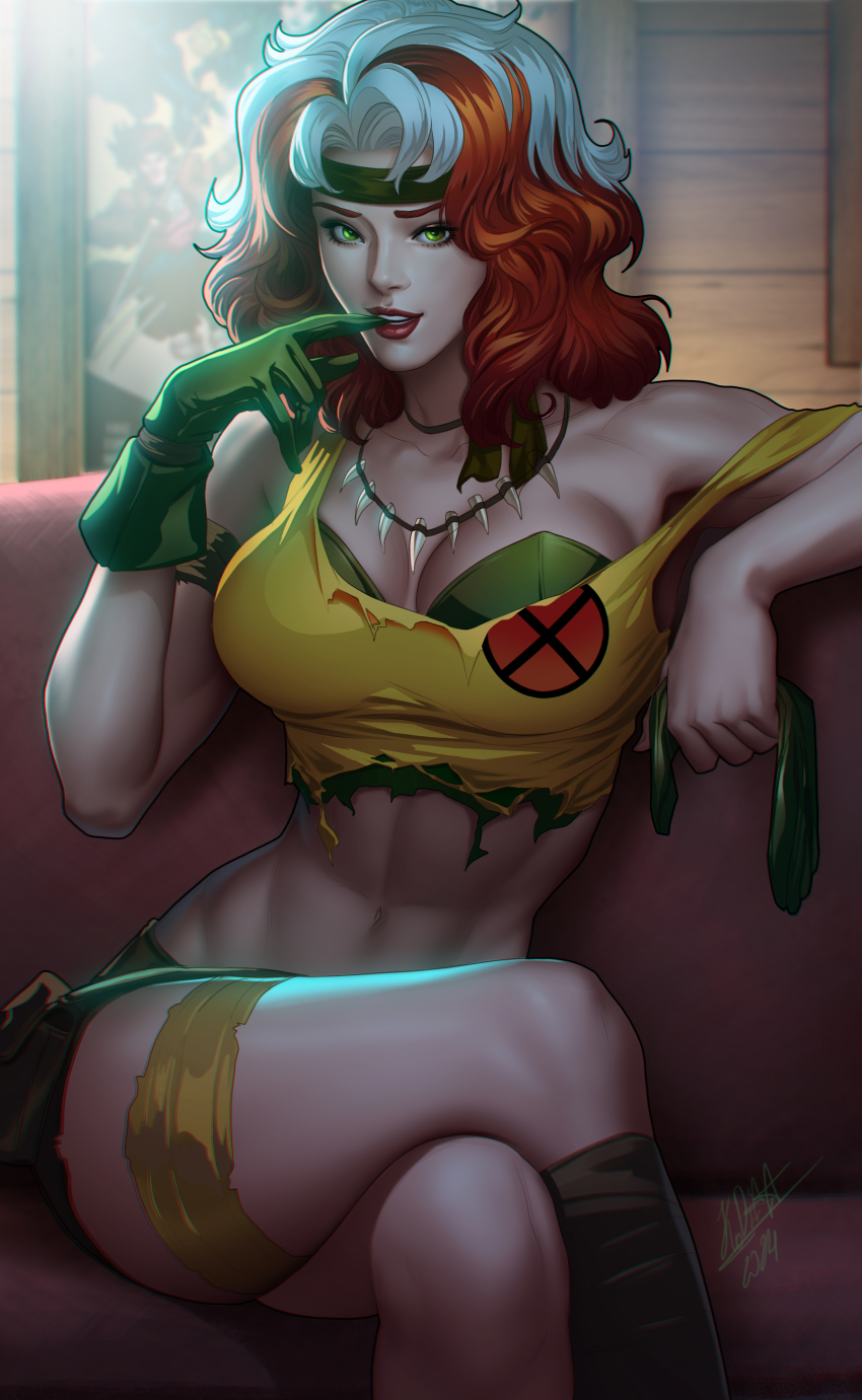 1girl absurdres breasts brown_hair crossed_legs gloves green_eyes green_gloves green_headband headband highres holding_gloves holding_unworn_clothes indoors jewelry kodiart96 large_breasts marvel multicolored_hair navel necklace rogue_(x-men) signature sitting solo tank_top torn_clothes torn_tank_top two-tone_hair unworn_gloves white_hair x-men x-men:_the_animated_series yellow_tank_top