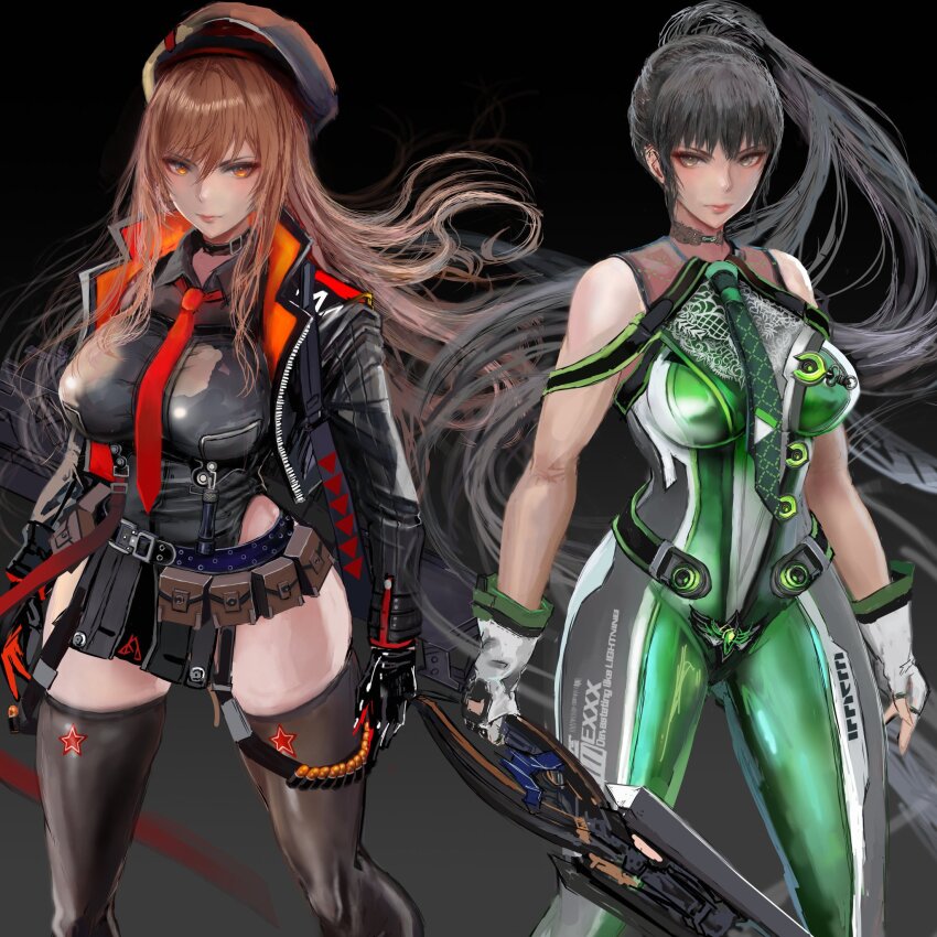 2girls black_hair black_jacket black_thighhighs blood_edge_(stellar_blade) breasts brown_eyes choker eve_(stellar_blade) gloves goddess_of_victory:_nikke hat highres holding holding_sword holding_weapon jacket kyel_hyde large_breasts long_hair military_hat multiple_girls orange_eyes orange_hair planet_diving_suit_(7th)_(stellar_blade) ponytail rapi_(nikke) simple_background skin_tight stellar_blade sword tagme thighhighs thighs weapon