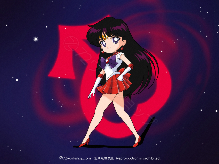 1girl 72workshop back_bow bishoujo_senshi_sailor_moon black_hair bow choker circlet earrings elbow_gloves gloves hino_rei jewelry long_hair magical_girl pleated_skirt purple_eyes red_sailor_collar red_skirt sailor_collar sailor_mars sailor_senshi_uniform skirt smile solo star_(symbol) white_gloves