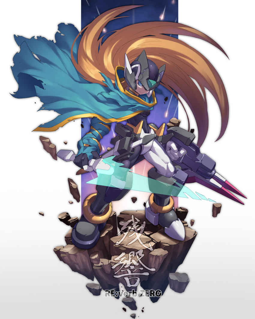 1boy adapted_costume alternate_color armor black_boots black_headwear blonde_hair blue_eyes boots cloak commentary_request energy_sword fairy_leviathan_(mega_man) fighting_fefnir_(mega_man) fusion hidden_phantom_(mega_man) highres holding holding_cannon holding_sword holding_weapon long_hair mega_man_(series) mega_man_zero_(series) multiple_swords sage_harpuia_(mega_man) solo sword tonami_kanji translation_request weapon z_saber zero(z)_(mega_man) zero_(mega_man)