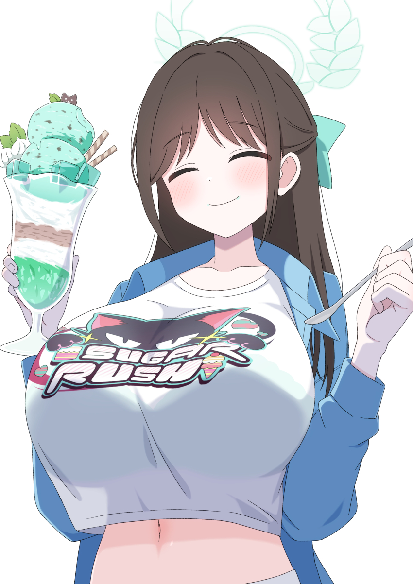 1girl ^_^ absurdres airi_(band)_(blue_archive) airi_(blue_archive) alternate_breast_size animal_print aqua_bow blue_archive blue_jacket blush bow bra bra_visible_through_clothes breasts brown_hair cat_print closed_eyes closed_mouth clothes_writing collarbone commentary_request commission crop_top crop_top_overhang cup food food_on_face green_bra green_halo hair_bow half_updo halo hands_up highres holding holding_cup holding_spoon huge_breasts ikurage_(namakurage_13) jacket long_hair long_sleeves midriff navel official_alternate_costume open_clothes open_jacket parfait print_shirt see-through_clothes see-through_shirt see-through_silhouette shirt simple_background skeb_commission smile solo spoon stomach underwear upper_body w_arms white_background white_shirt