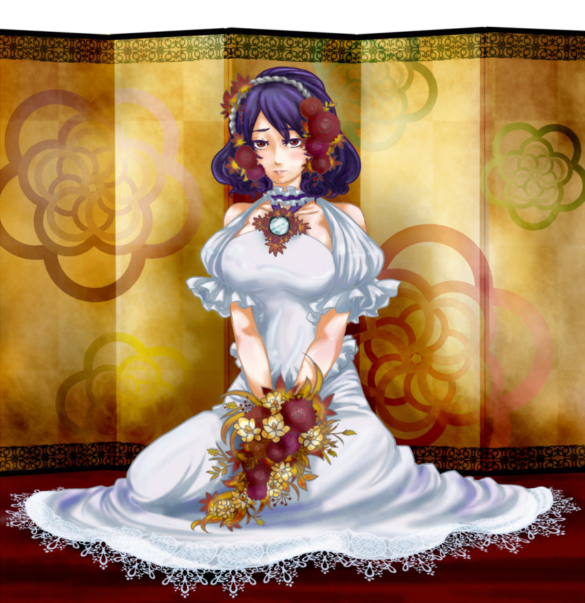 1girl bare_shoulders bouquet choker dress female_focus flower hair_flower hair_ornament highres kneeling leaf mabui purple_hair red_eyes short_hair solo touhou wedding_dress yasaka_kanako