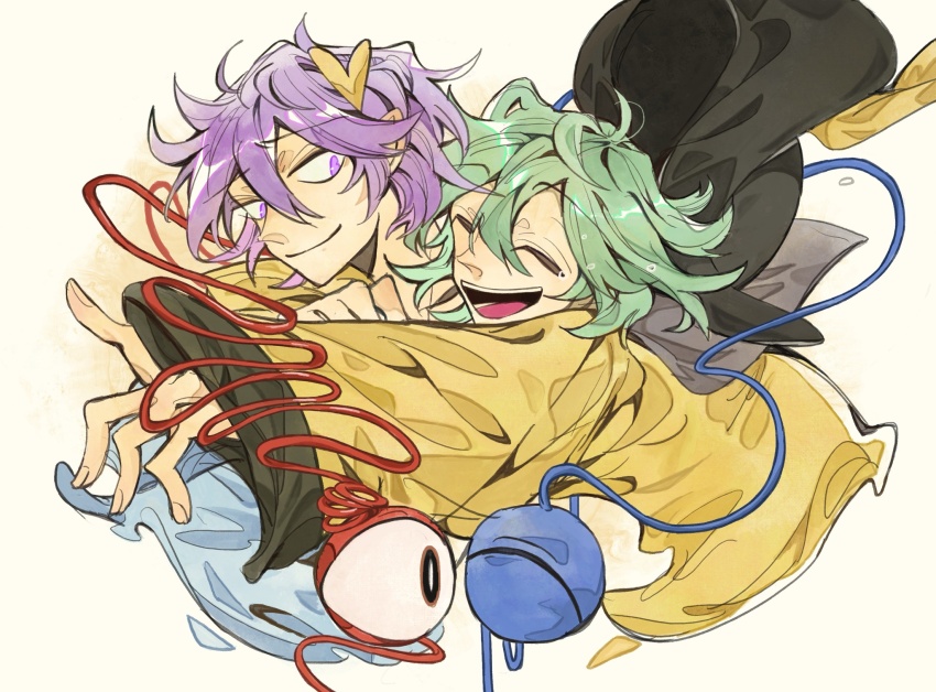 2girls ^_^ black_hat blouse closed_eyes closed_mouth collared_shirt green_hair hair_between_eyes hair_ornament hat heart heart_hair_ornament highres hug hug_from_behind iampenguinj komeiji_koishi komeiji_satori long_sleeves looking_at_another multiple_girls open_mouth purple_eyes purple_hair shirt short_hair siblings sisters smile tearing_up teeth third_eye touhou unworn_hat unworn_headwear upper_body wide_sleeves yellow_shirt