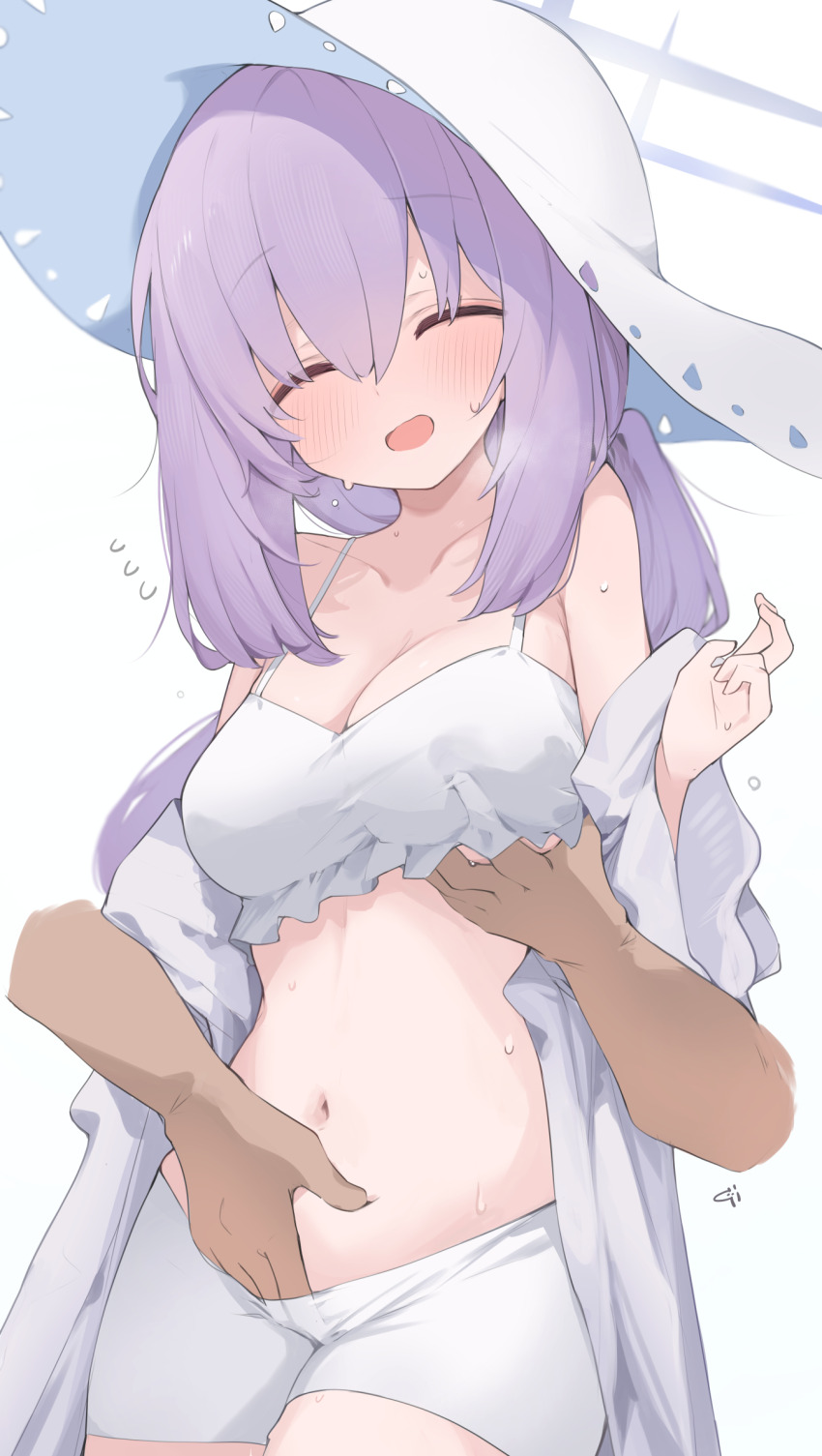 1boy 1girl atsuko_(blue_archive) atsuko_(swimsuit)_(blue_archive) bikini blue_archive blue_halo blush breasts cleavage halo hetero highres long_hair medium_breasts mikozin navel official_alternate_costume open_mouth purple_hair simple_background smile solo_focus sweat swimsuit white_background white_bikini