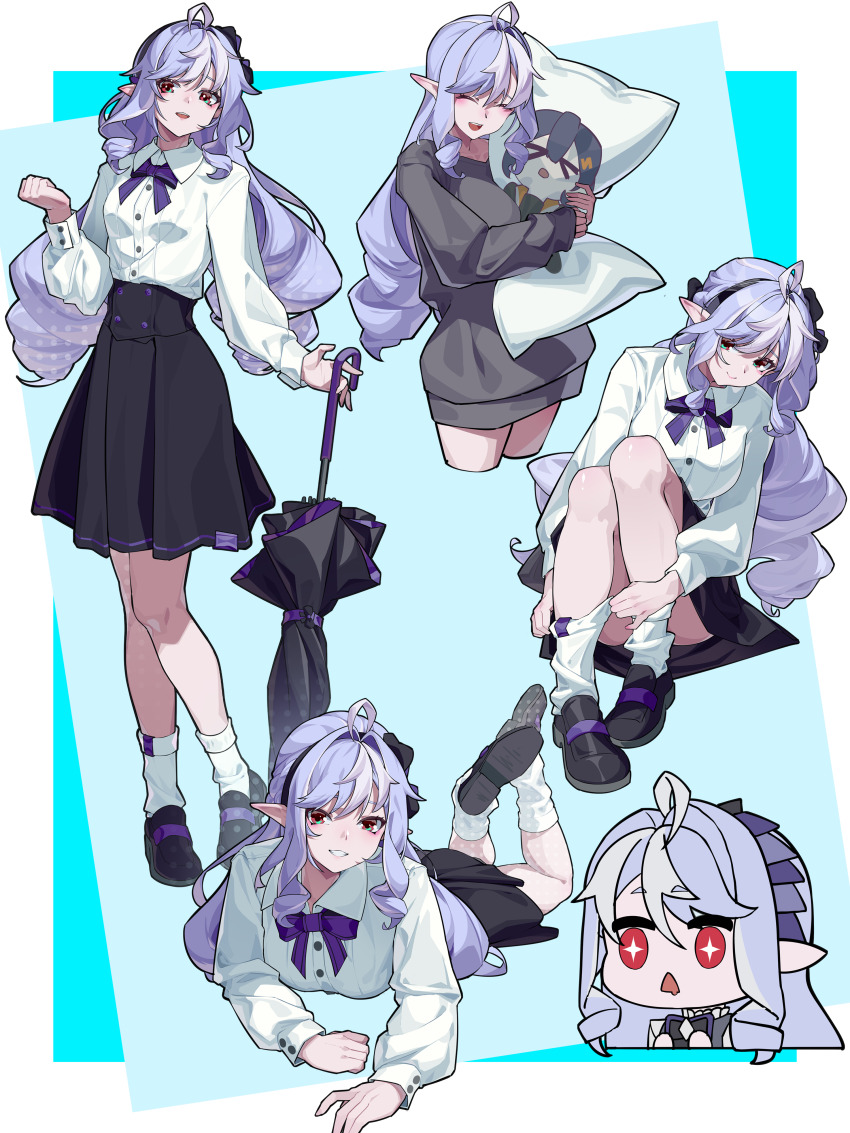 1girl :d absurdres ahoge breasts chibi chibi_inset dakimakura_(object) drill_hair drooling eyeshadow grin hair_intakes highres holding holding_umbrella long_hair looking_at_viewer loose_socks lying makeup medium_breasts mouth_drool multiple_views on_stomach open_mouth pillow pointy_ears purple_hair red_eyes smile socks twin_drills umbrella vivian_banshee zenless_zone_zero zhileng_zhil