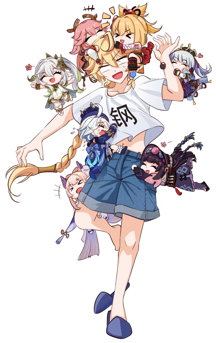 aether_(genshin_impact) arm_hug ayaka_(genshin_impact) banjiegang black_hair blonde_hair blue_dress blue_shorts braid chibi dress furina_(genshin_impact) genshin_impact hair_ornament hat head_hug highres hug long_hair nahida_(genshin_impact) open_mouth pink_hair sandals sangonomiya_kokomi shirt shorts side_ponytail single_braid white_background white_dress white_hair white_shirt yae_miko yoimiya_(genshin_impact) yun_jin_(genshin_impact)