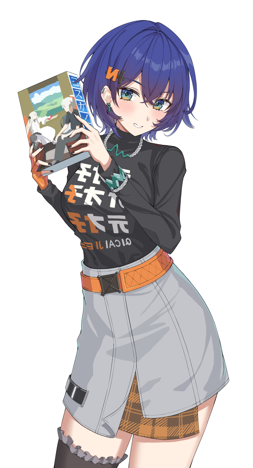 1girl absurdres belle_(zenless_zone_zero) black_nails black_shirt blue_hair blush cowboy_shot crossed_bangs fingerless_gloves gloves green_eyes grey_skirt highres holding jishui3q kasugano_haruka kasugano_sora looking_at_viewer orange_gloves pencil_skirt shirt short_hair single_fingerless_glove single_thighhigh skirt smile thighhighs white_background yosuga_no_sora zenless_zone_zero