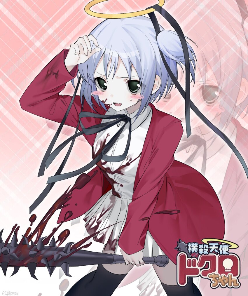 1girl ame_(amelovelio) angel artist_name black_ribbon blood blood_on_clothes blood_on_face bloody_weapon blush_stickers bokusatsu_tenshi_dokuro-chan club club_(weapon) excalibolg fang hair_ribbon halo highres holding holding_weapon jacket kanabou mitsukai_dokuro neck_ribbon open_mouth red_jacket ribbon shirt skin_fang skirt solo spiked_club sweat traditional_halo two_side_up weapon white_shirt white_skirt
