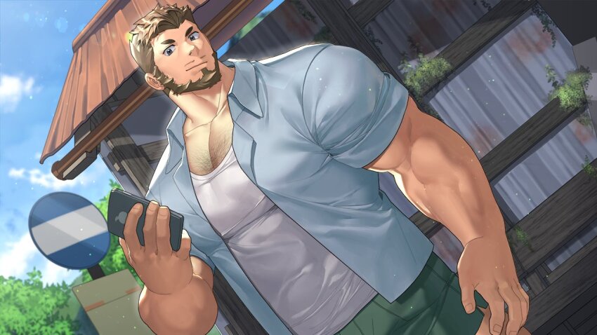 1boy bara beard blue_shirt brown_hair chest_hair closed_mouth cloud day facial_hair green_shorts holding holding_phone large_pectorals looking_at_viewer male_focus muscular muscular_male mustache_stubble official_art oji-mama_(skskdan) open_clothes open_shirt outdoors pectorals phone shirt short_hair shorts sisimaru_hoshiura sky smile solo stubble tank_top ttn_(239_239) white_tank_top