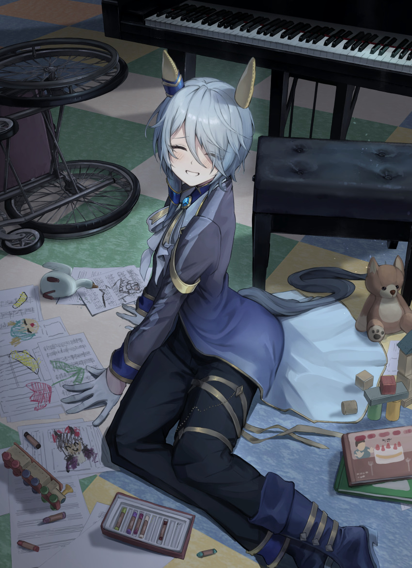 1girl absurdres animal_ears black_boots blue_hair blue_jacket boots bow closed_eyes closed_mouth crayon ear_covers ear_ornament facing_viewer feet_out_of_frame grand_piano grin hair_between_eyes highres horse_ears horse_girl horse_tail instrument jacket k.s.miracle_(umamusume) light_blue_hair long_sleeves on_ground pants piano piano_bench sheet_music short_hair sitting smile solo tail toy tsujiya_okuyasu umamusume wheelchair white_bow wooden_floor yokozuwari