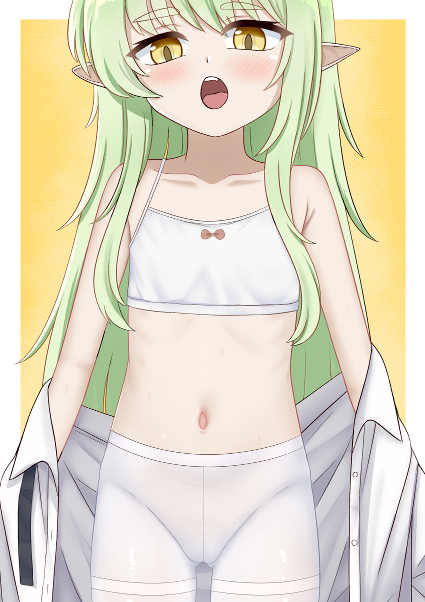 1girl absurdres blue_archive blush border camisole cowboy_shot flat_chest fuseato green_hair highres hikari_(blue_archive) legs loli long_hair navel open_clothes open_mouth open_shirt pantyhose pointy_ears shirt solo standing stomach thighs white_border yellow_background yellow_eyes