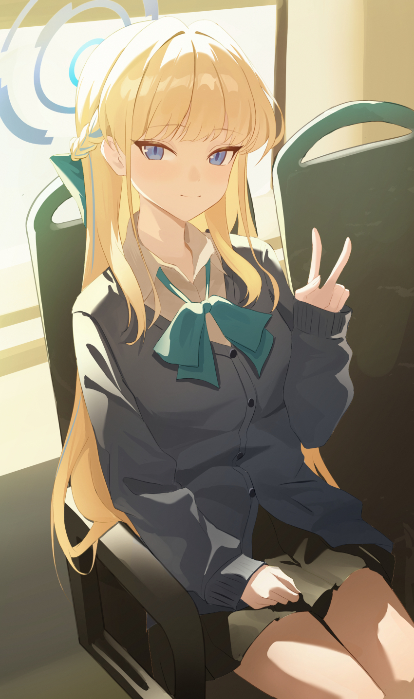 1girl absurdres black_skirt blonde_hair blue_bow blue_cardigan blue_eyes blush bow cardigan closed_mouth highres long_hair looking_at_viewer official_alternate_costume official_alternate_hairstyle shirt sidelocks skirt smile solo szai toki_(blue_archive) toki_(school_uniform)_(blue_archive) v white_shirt