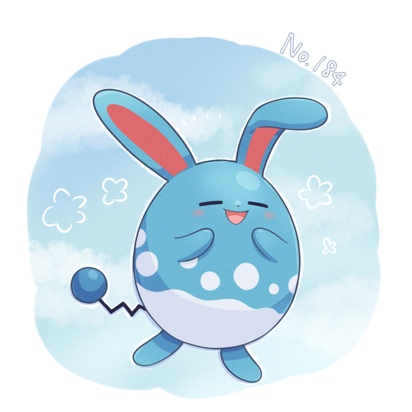 025sakura393 :d azumarill blush border closed_eyes commentary_request full_body gen_2_pokemon happy highres nintendo no_humans open_mouth pokedex_number pokemon pokemon_(creature) pokemon_focus smile solo white_border