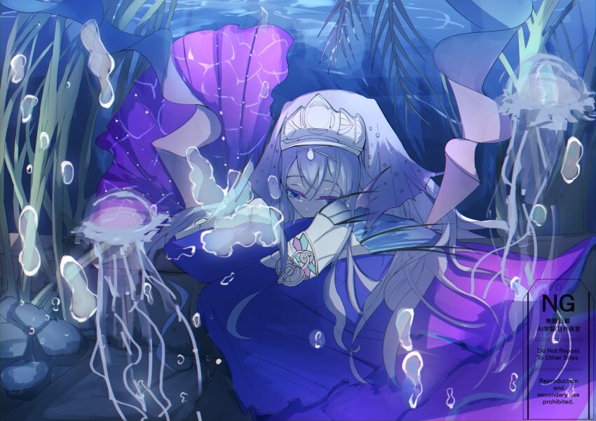 1girl arm_fins duel_monster fins fish_girl grey_hair head_fins highres jellyfish kitkallos_(yu-gi-oh!) lock long_hair lying tearlaments_kitkallos tiara underwater uragawai yu-gi-oh!