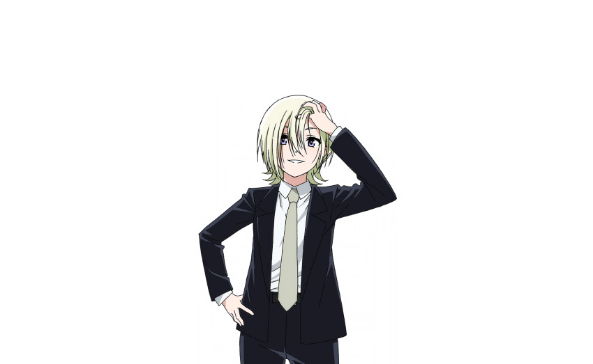 1girl arm_up belt black_belt black_pants black_suit blonde_hair business_suit clenched_teeth collared_shirt cowboy_shot doyagao formal_clothes grey_necktie hair_lift hair_over_one_eye hand_in_own_hair hand_on_own_hip hands_in_own_hair highres holding holding_own_hair long_sleeves looking_at_viewer love_live! love_live!_nijigasaki_high_school_idol_club love_live!_school_idol_festival_2 mia_taylor necktie official_art open_clothes pants purple_eyes shirt short_hair smile smirk smug solo suit teeth transparent_background white_shirt