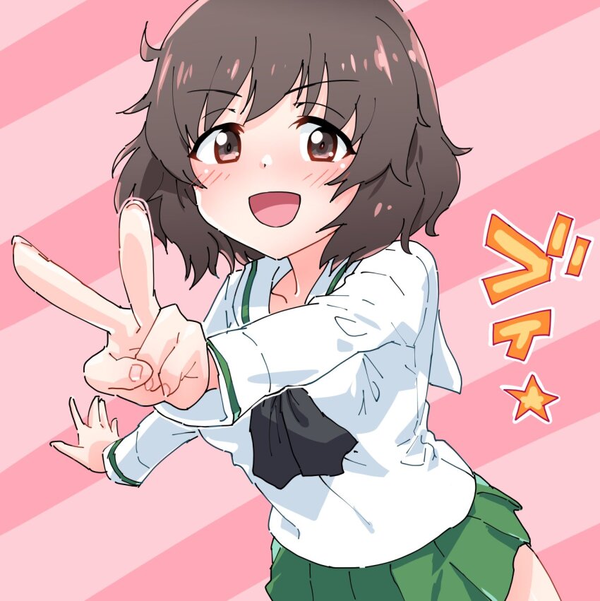 1girl akiyama_yukari blush brown_eyes brown_hair girls_und_panzer highres looking_at_viewer monolith_(suibou_souko) ooarai_school_uniform open_mouth pink_background school_uniform short_hair simple_background smile solo striped_background v