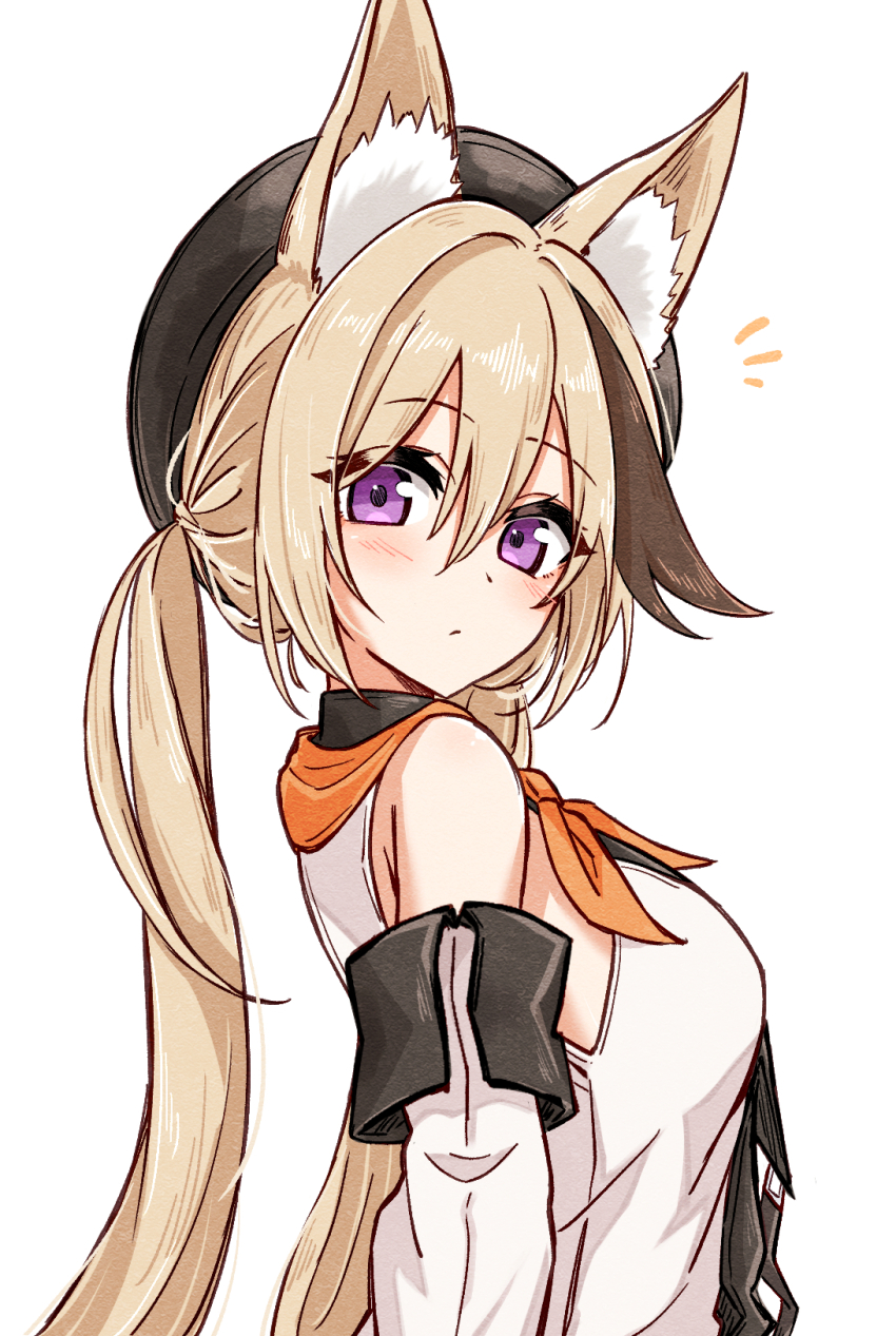 1girl animal_ear_fluff animal_ears arknights bare_shoulders beret black_hat blonde_hair blush brown_hair cardigan_(arknights) closed_mouth commentary detached_sleeves from_side hair_between_eyes hat highres long_hair looking_at_viewer maiq06 multicolored_hair notice_lines one-hour_drawing_challenge purple_eyes shirt simple_background sleeveless sleeveless_shirt solo streaked_hair upper_body white_background white_shirt white_sleeves