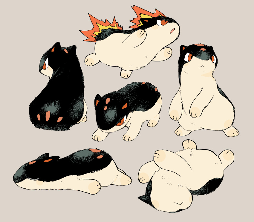 :&lt; closed_eyes closed_mouth fire gen_2_pokemon grey_background highres lying multiple_views newo_(shinra-p) nintendo no_humans on_back on_stomach open_mouth pokemon pokemon_(creature) quilava red_eyes simple_background