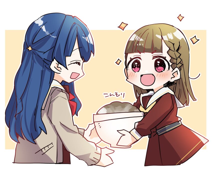 2girls :d ^_^ blue_hair blush border bowl braid brown_cardigan brown_dress brown_hair cardigan center-flap_bangs closed_eyes commentary_request dollchestra dress hasu_no_sora_school_uniform highres holding holding_bowl kachimachi_kosuzu kanduki_kamibukuro link!_like!_love_live! long_sleeves love_live! medium_dress multiple_girls murano_sayaka neckerchief open_cardigan open_clothes open_mouth outline outside_border pink_eyes pleated_dress profile red_neckerchief sailor_collar sailor_dress school_uniform short_eyebrows side_ahoge side_braids simple_background smile sparkle v-shaped_eyebrows virtual_youtuber white_border white_outline white_sailor_collar winter_uniform yellow_background yellow_neckerchief