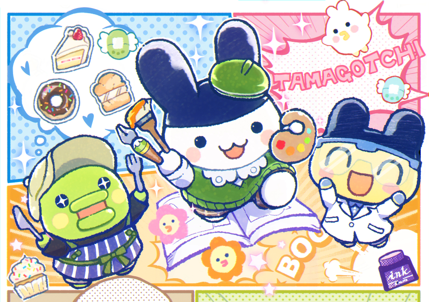1119mna 1girl 2boys absurdres animal_ears apron beret blush_stickers book cake cake_slice character_request chibi chibi_only closed_eyes colored_skin colorful commentary_request copyright_name creature creature_focus cupcake donut flower food fork green_skin happy hat heisei_retro highres holding holding_fork holding_knife holding_paintbrush knife kuchipatchi lab_coat mametchi mimitchi multiple_boys paintbrush rabbit_ears safety_glasses smile sparkle tamagotchi tamagotchi_(classic) tamagotchi_(creature) tamagotchi_(virtual_pet) virtual_pet_(toy) white_skin yellow_skin