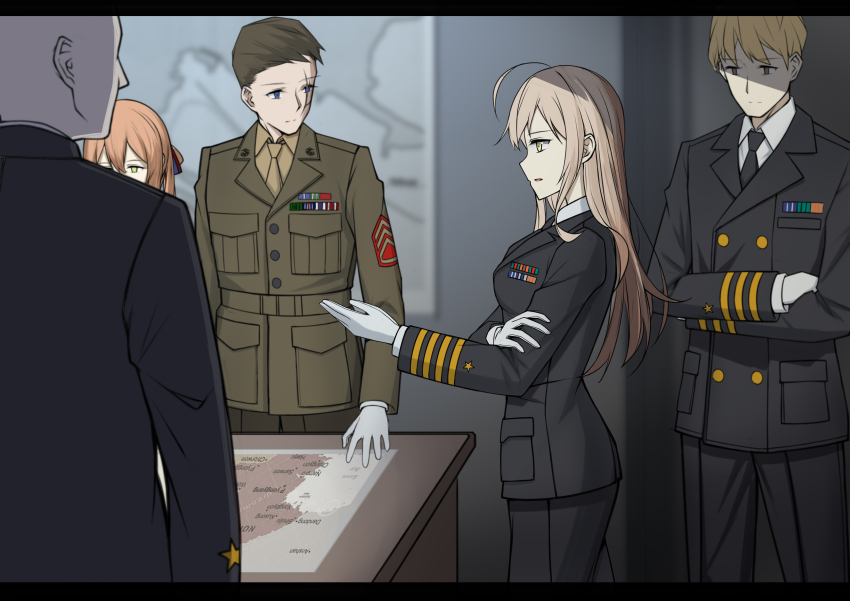 2girls 3boys absurdres ahoge blonde_hair commentary english_commentary girls&#039;_frontline gloves green_eyes highres indoors korean_war macayase map_(object) military military_dress_uniform military_rank_insignia military_uniform missouri_(warship_girls_r) multiple_boys multiple_girls naval_dress_uniform naval_uniform ribbon_bar springfield_(girls&#039;_frontline) united_states_marine_corps united_states_navy warship_girls_r white_gloves