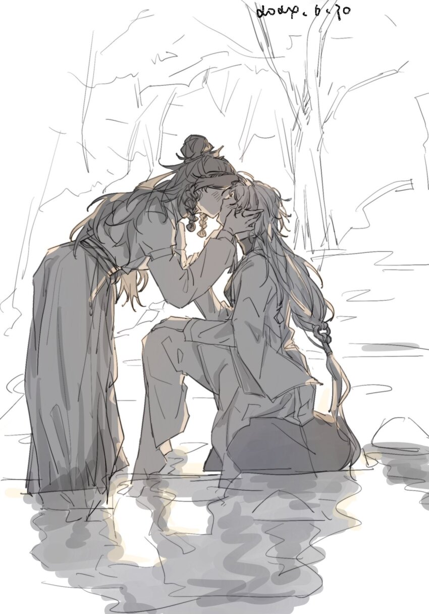 2girls blush chinese_clothes chinese_commentary commentary dated du_ruo_(path_to_nowhere) greyscale hand_on_another&#039;s_face highres kiss long_hair long_sleeves monochrome multiple_girls outdoors path_to_nowhere robe sitting tooong4 tree wading yao_(path_to_nowhere) yuri