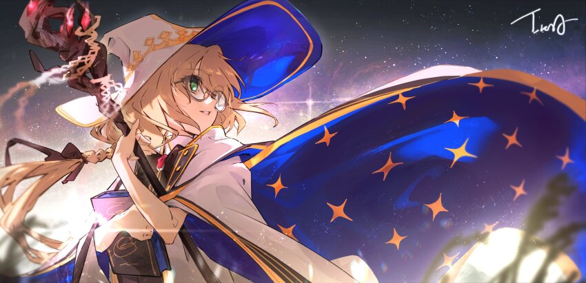absurdres aesc_(fate) aesc_(rain_witch)_(fate) artist_name blonde_hair braid fate/grand_order fate_(series) glasses green_eyes hair_between_eyes hat highres holding holding_staff ikka_(theworl35753194) solo staff star_(symbol) witch witch_hat