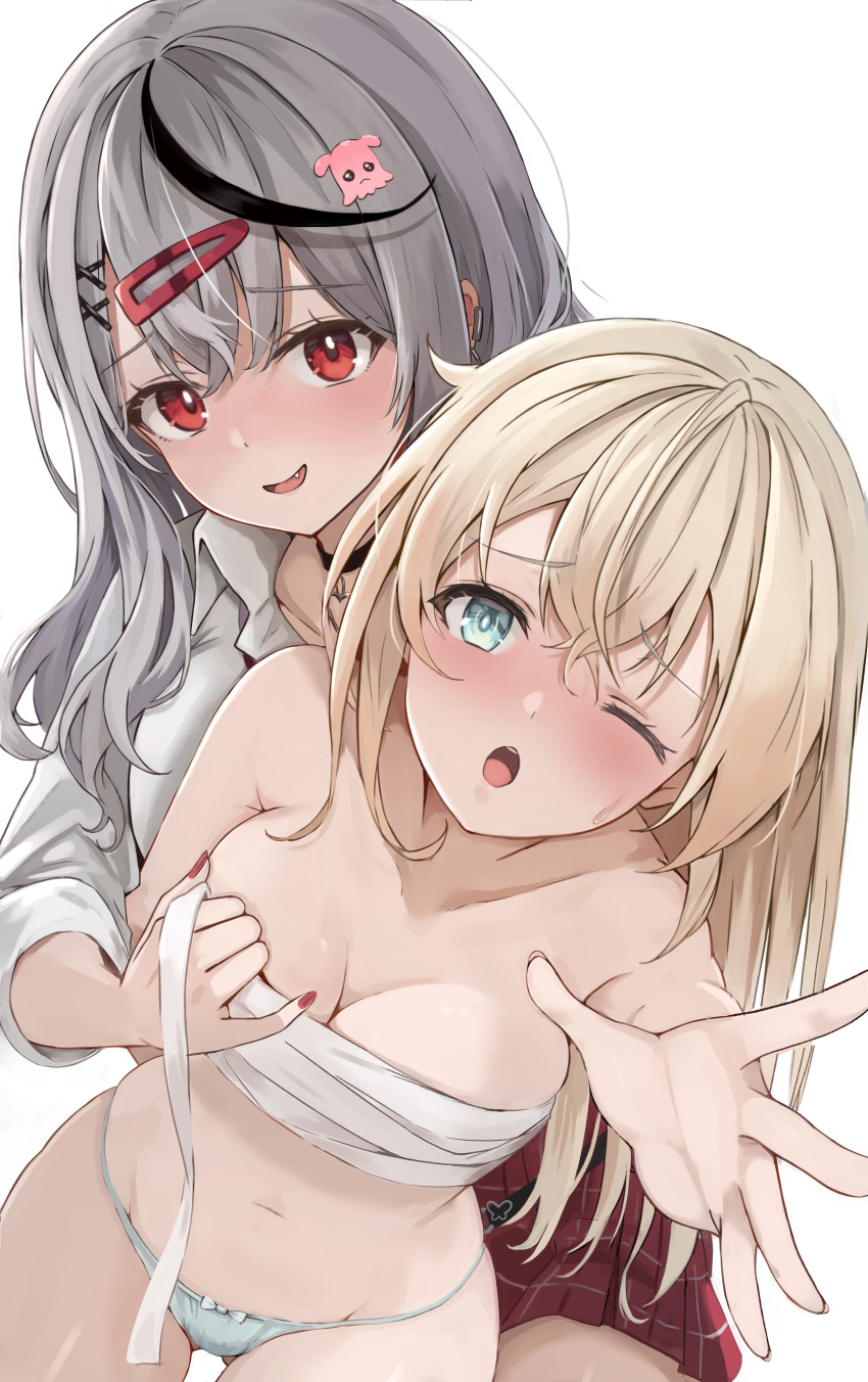 2girls :o absurdres aqua_eyes armpit_crease assertive_female black_choker black_hair blonde_hair blush bow bow_panties breasts choker cleavage collarbone collared_shirt commentary_request cowboy_shot crossed_bangs double-parted_bangs earclip fang fingernails ghost_hair_ornament gluteal_fold grey_hair hair_between_eyes hair_ornament hair_over_shoulder heart heart_choker highres hololive kazama_iroha large_breasts long_bangs long_hair long_sleeves looking_at_viewer multicolored_hair multiple_girls nail_polish navel no_pants no_shirt nose_blush open_mouth outstretched_arm palms panties parted_lips plaid_clothes plaid_skirt pleated_skirt raised_inner_eyebrows reaching reaching_towards_viewer red_eyes red_nails red_skirt sakamata_chloe sarashi shirt simple_background skirt smile stomach straight_hair streaked_hair thigh_gap tonton_utaro triangle_hair_ornament underwear undressing_another virtual_youtuber wavy_hair white_background white_panties white_shirt x_hair_ornament yuri