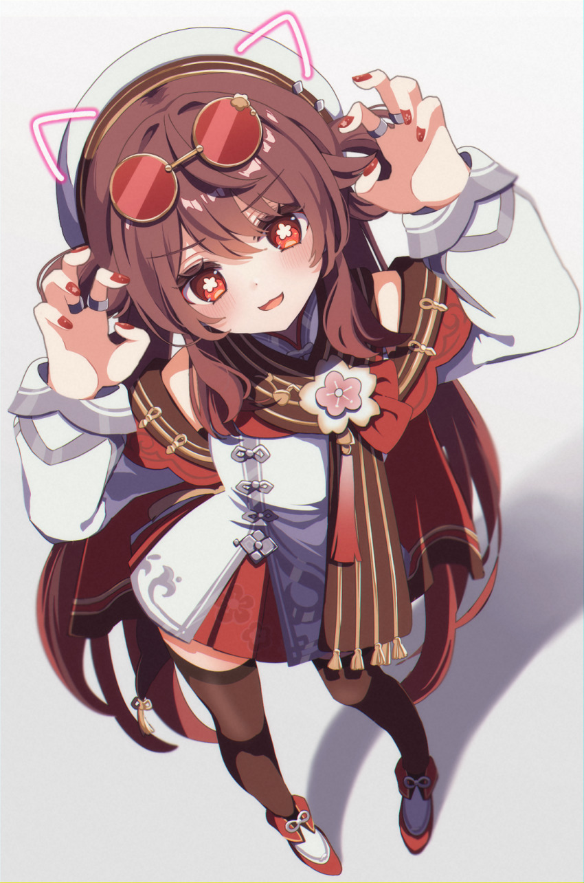 1girl akunin09 blush brown_hair brown_scarf brown_thighhighs chinese_clothes dress eyewear_on_head flower-shaped_pupils genshin_impact hair_between_eyes hat high_heels highres hu_tao_(cherries_snow-laden)_(genshin_impact) hu_tao_(genshin_impact) long_hair long_sleeves looking_at_viewer official_alternate_costume open_mouth red-framed_eyewear red-tinted_eyewear red_eyes red_nails round_eyewear scarf smile solo sunglasses symbol-shaped_pupils tassel thighhighs tinted_eyewear white_dress white_hat white_sleeves