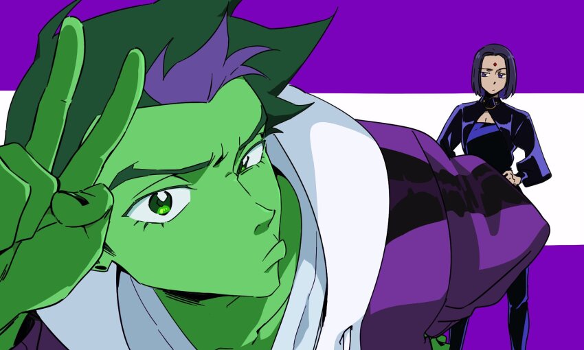 1boy 1girl beast_boy_(dc) colored_skin couple dc_comics green_eyes green_hair green_skin highres purple_eyes purple_hair raven_(dc) teen_titans