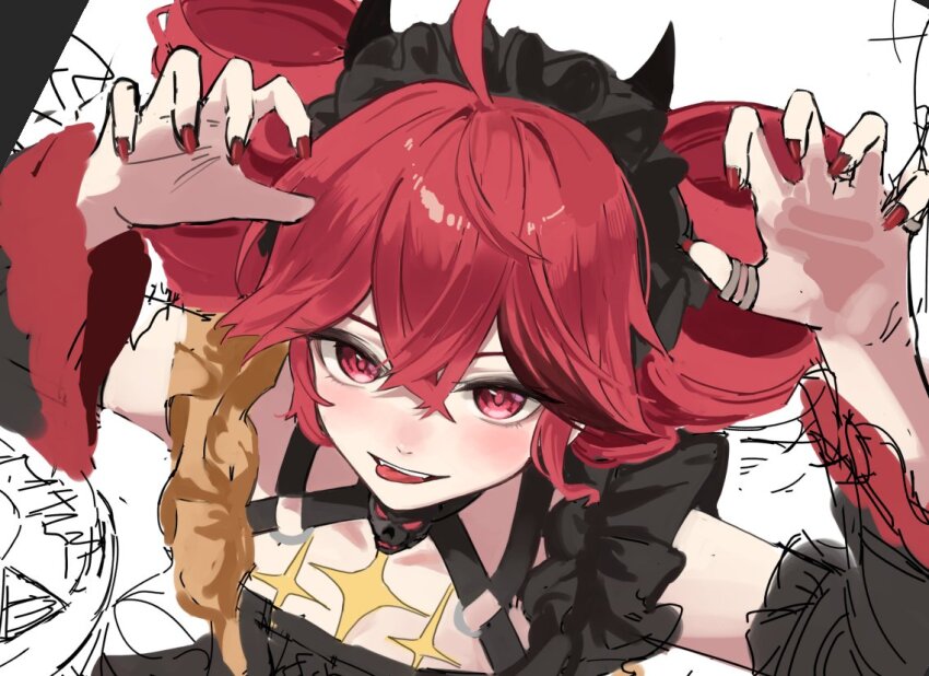 1girl arms_up black_choker black_dress black_hairband breasts choker claw_pose cleavage crossed_bangs demon_horns detached_sleeves dress drill_hair fake_horns hair_between_eyes hairband horns hu2924 jewelry kasane_teto nail_polish red_eyes red_hair red_nails ring short_hair sleeveless sleeveless_dress small_breasts solo twin_drills utau
