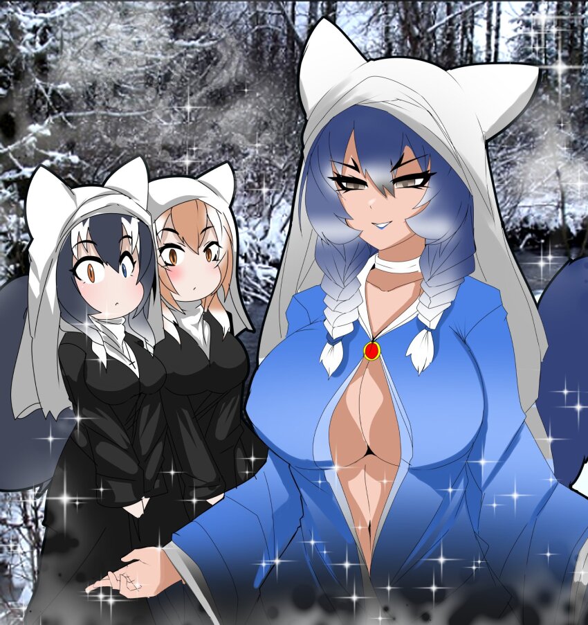 animal_ears black_dress blue_hair blush breasts center_opening cleavage coif dire_wolf_(kemono_friends) dress extra_ears grey_eyes grey_wolf_(kemono_friends) highres japanese_wolf_(kemono_friends) kemono_friends kemono_friends_3 kemono_friends_v_project large_breasts long_hair long_sleeves multicolored_hair multiple_girls nanoder nanokumav nun open_mouth smile tail twintails wolf_ears wolf_girl wolf_tail