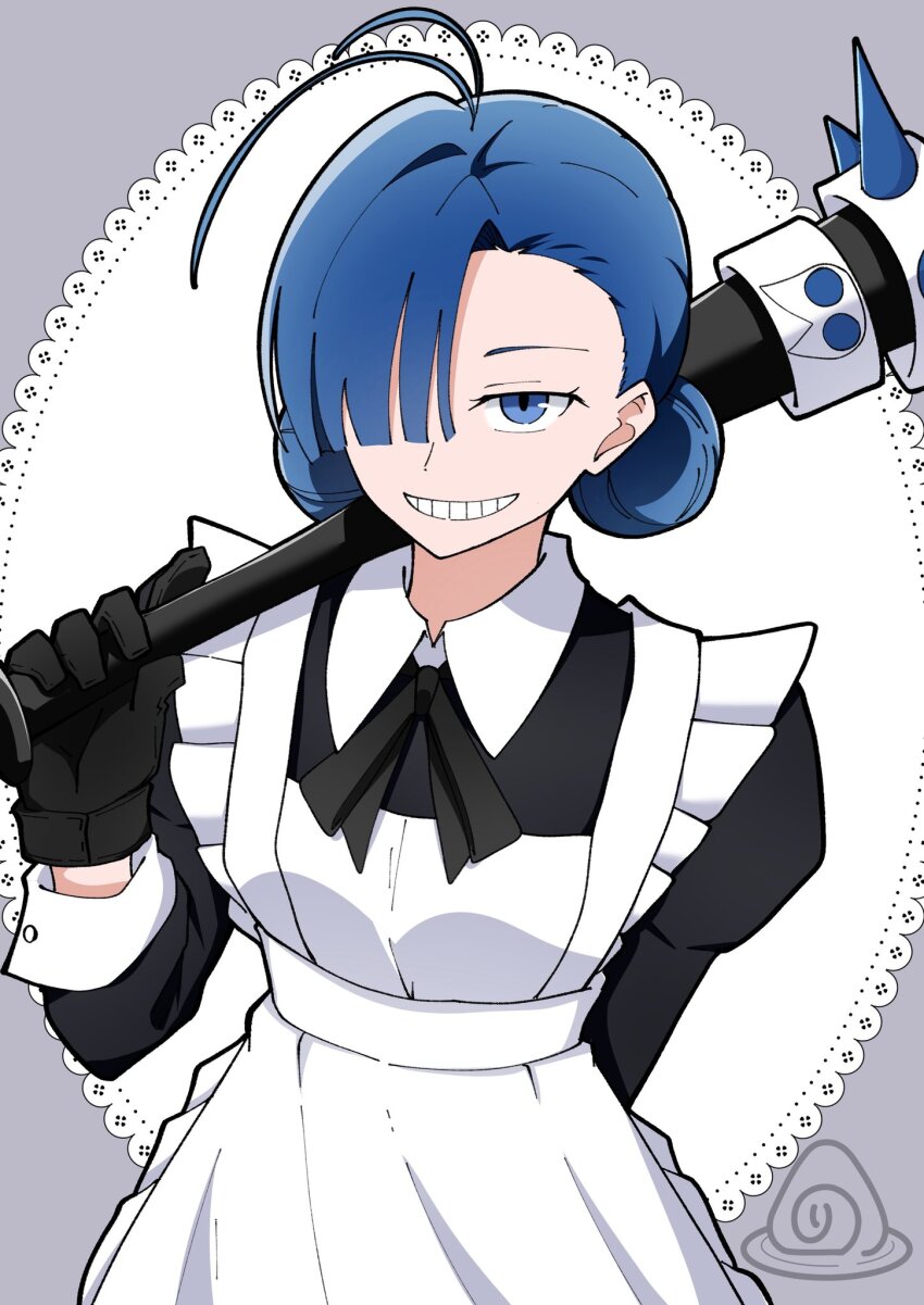 1girl ado_(utaite) apron black_dress black_gloves black_ribbon blue_eyes blue_hair commentary_request double_bun dress gloves hair_bun hair_over_one_eye highres holding holding_weapon long_sleeves looking_at_viewer maid maid_day merry_(ado) neck_ribbon nori_(norinori_yrl) open_mouth readymade_(ado) ribbon solo spiked_bat weapon white_apron