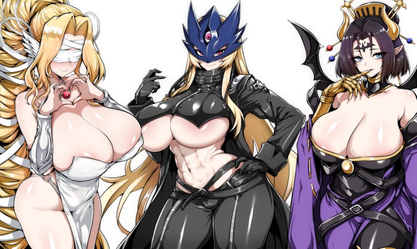 3girls abs absurdres areola_slip bandages bandages_over_eyes bare_shoulders beelstarmon belt black_coat black_dress black_gloves black_hair black_pants black_shirt blonde_hair blue_eyes blush breasts cleavage coat cropped_shirt demon_horns demon_wings detached_collar digimon digimon_story:_time_stranger dress facial_mark forehead_mark gauntlets gggg gloves gold_trim hair_ornament head_wings heart heart_hands high_ponytail highres horns large_breasts lilithmon long_hair long_sleeves looking_at_viewer mask multiple_girls navel pants parted_bangs pelvic_curtain pointy_ears ponytail purple_eyes purple_skirt shirt short_hair skirt smile thighs third_eye toned underboob venusmon very_long_hair white_dress wide_sleeves wings