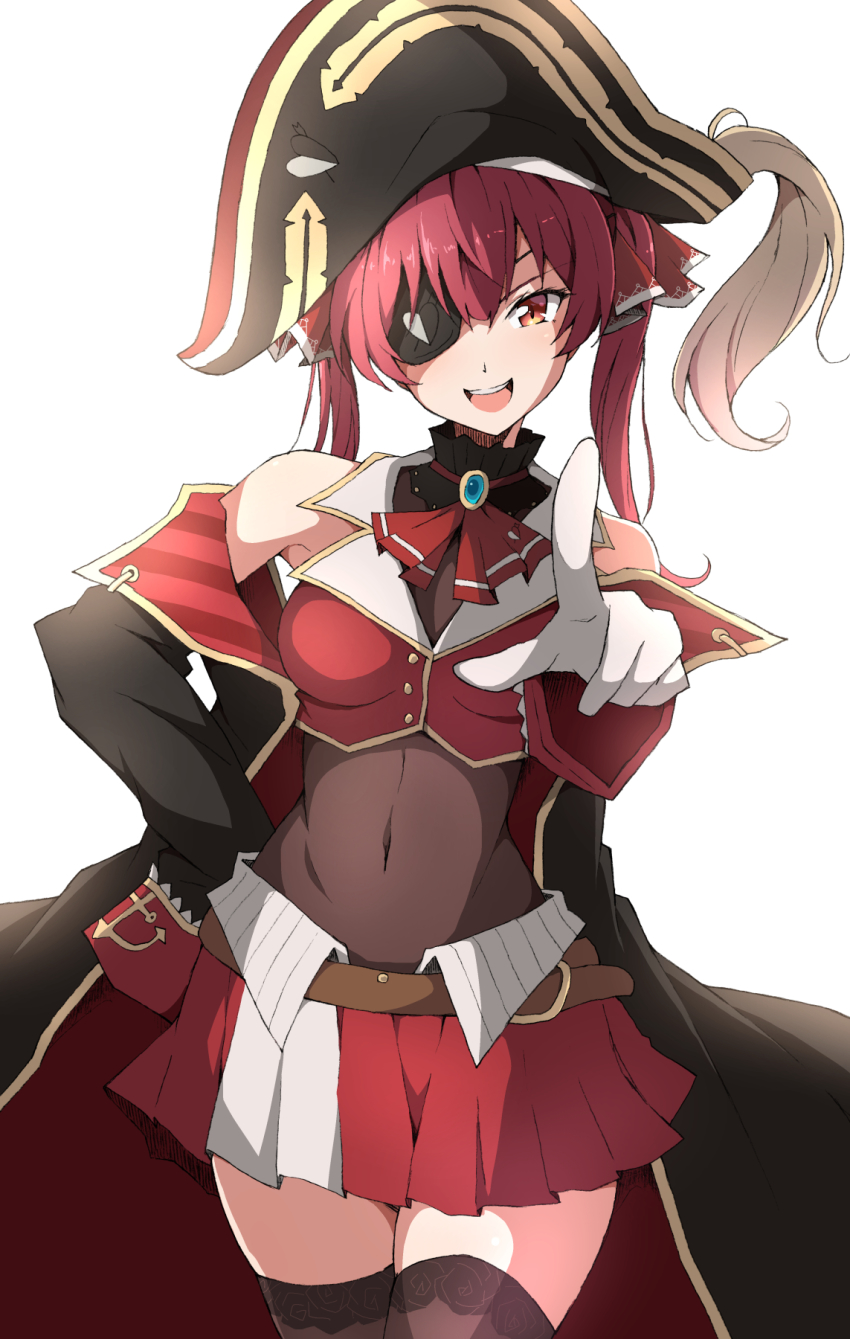 1girl :d anchor_print belt black_choker black_coat black_hat black_thighhighs breasts buttons choker cleavage coat crop_top eyepatch floral_print frilled_choker frills hair_ribbon hand_on_own_hip hat highres hololive houshou_marine light_blush long_sleeves looking_at_viewer medium_breasts navel_piercing nel-c off-shoulder_coat off_shoulder open_mouth orange_eyes piercing pirate pirate_costume pirate_hat pleated_skirt pointing pointing_at_viewer red_hair red_neckwear red_ribbon red_skirt ribbon see-through_clothes see-through_cleavage simple_background skirt smile solo teeth thighhighs twintails upper_teeth_only virtual_youtuber white_background