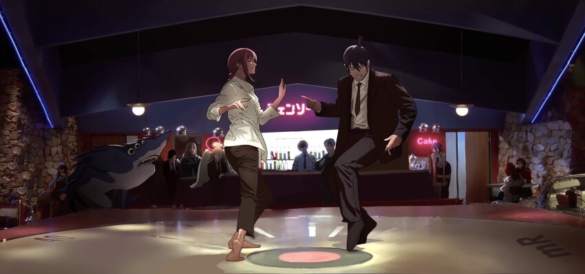 5boys 5girls angel angel_devil_(chainsaw_man) angel_wings beam_(chainsaw_man) black_footwear black_hair black_jacket black_necktie black_pants black_ribbon blonde_hair chainsaw_man cigarette collared_shirt dancing denji_(chainsaw_man) eyepatch facing_down flask formal_clothes hair_between_eyes halo hayaka highres himeno_(chainsaw_man) holding holding_cigarette holding_flask jacket kishibe_(chainsaw_man) long_hair makima_(chainsaw_man) mark_reymer medium_hair multiple_boys multiple_girls neck_ribbon necktie open_mouth pants parted_lips power_(chainsaw_man) pulp_fiction purple_hair red_hair reze_(chainsaw_man) ribbon scene_reference shark sharp_teeth shirt shirt_tucked_in short_hair sleeveless sleeveless_shirt smile suit suit_jacket teeth topknot white_shirt wings yoru_(chainsaw_man)