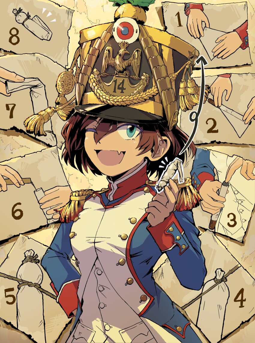 1girl absurdres aiguillette ammunition arrow_(symbol) black_hat blue_coat blue_eyes breasts brown_hair bullet buttons coat cockade commentary_request double-breasted english_text epaulettes fang france french_army french_clothes gold_trim gunpowder hair_between_eyes hand_on_own_hip hat highres holding how_to line_infantry long_sleeves looking_at_viewer medium_breasts military military_hat military_uniform numbered one_eye_closed open_mouth original pants pocket red_trim shako_cap short_hair sidelocks skin_fang smile soldier solo standing upper_body zeinikunosekai