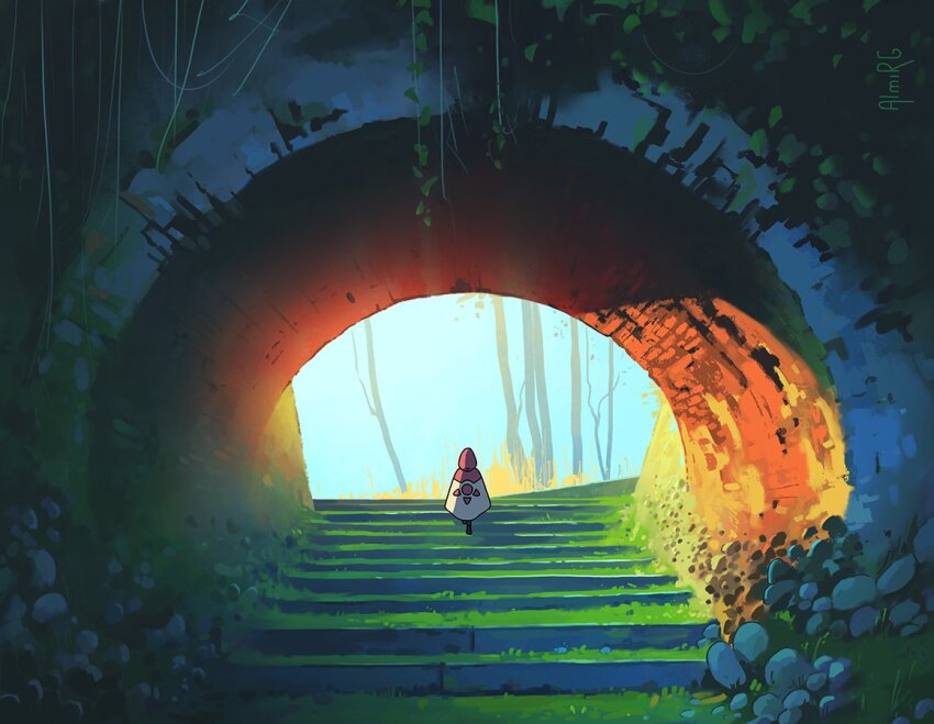 1other almirgusic arch artist_name cloak day facing_away from_behind full_body grass hood hooded_cloak nature original outdoors plant rock scenery signature solo stairs standing sunlight tree vines wide_shot