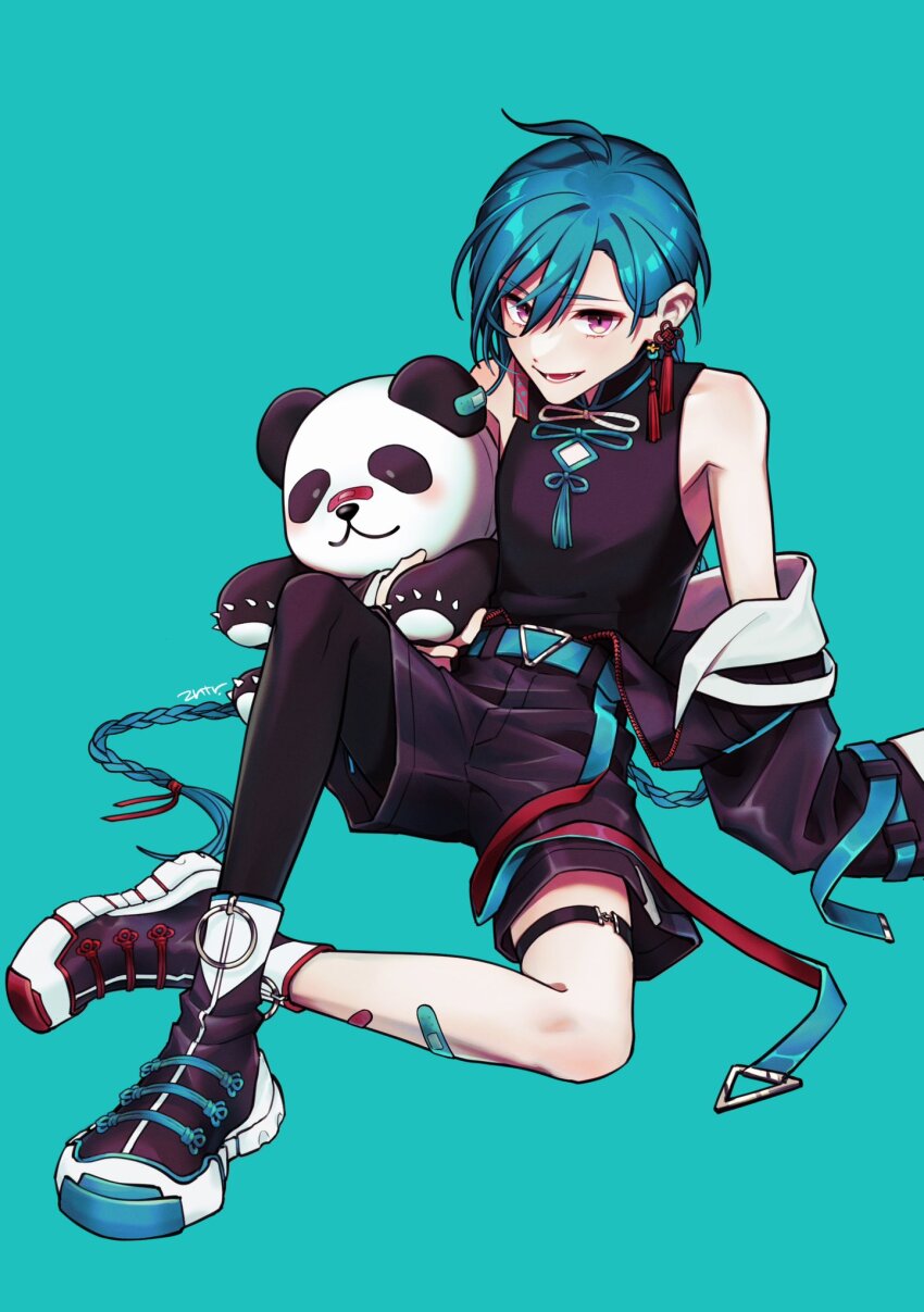 ambiguous_gender asymmetrical_legwear bandaid bandaid_on_leg belt blue_background blue_hair braid chinese_clothes full_body hair_over_one_eye highres jacket long_hair looking_at_viewer matsugi_zuntaro nijisanji open_clothes open_jacket pink_eyes ryuushen shoes shorts simple_background sitting sleeveless thigh_strap thighhighs twin_braids virtual_youtuber