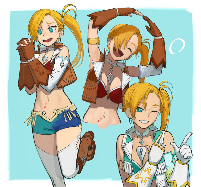 1girl ;d aqua_bikini aqua_eyes aqua_shorts aqua_vest arms_up asymmetrical_gloves b_suke bikini blonde_hair blue_background blue_shorts boots brown_footwear brown_gloves brown_vest calamity_jane_(fate) calamity_jane_(first_ascension)_(fate) calamity_jane_(second_ascension)_(fate) closed_eyes earrings fate/grand_order fate_(series) fingerless_gloves gloves grin highres interlocked_fingers jewelry medium_hair mismatched_gloves multiple_views one_eye_closed one_side_up open_clothes open_mouth open_vest red_bikini shorts smile star-shaped_pupils star_(symbol) swimsuit symbol-shaped_pupils thighhighs two-tone_shorts vest white_gloves white_thighhighs