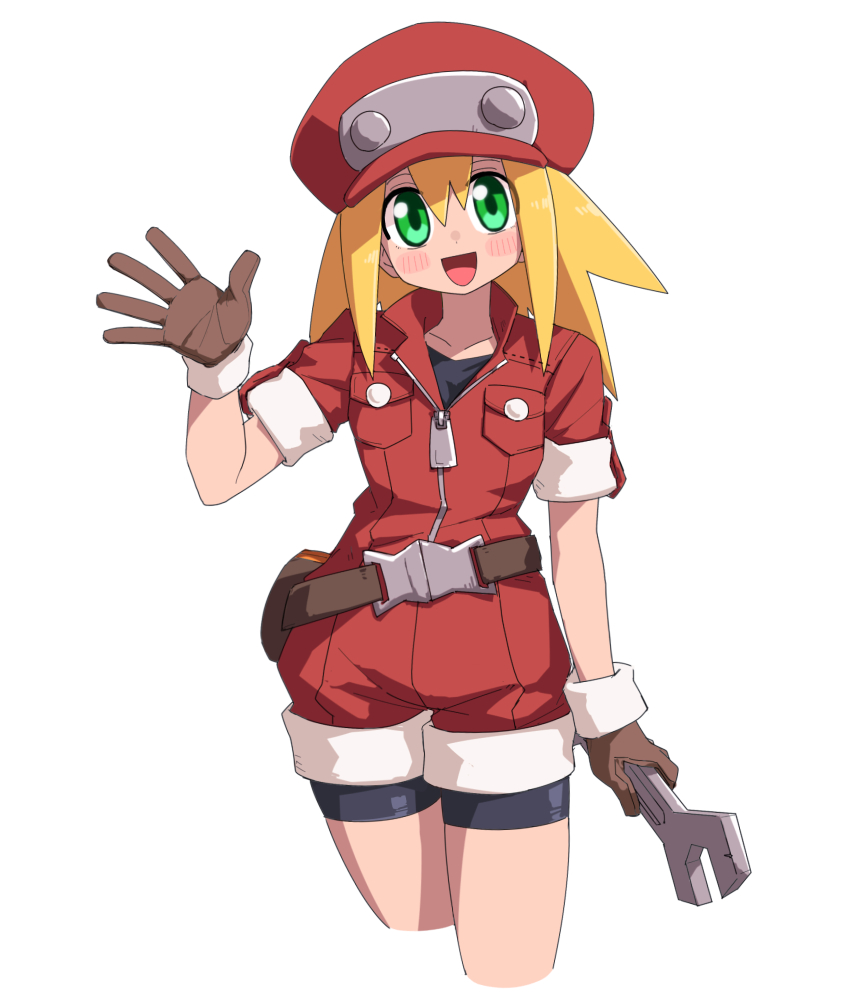 1girl belt bike_shorts bike_shorts_under_shorts blonde_hair breast_pocket brown_gloves commentary cowboy_shot cropped_legs gloves green_eyes hat highres long_hair looking_at_viewer mega_man_(series) mega_man_legends_(series) newsboy_cap open_mouth pocket red_hat red_shorts roll_caskett_(mega_man) short_sleeves shorts simple_background solo white_background yachima_tana