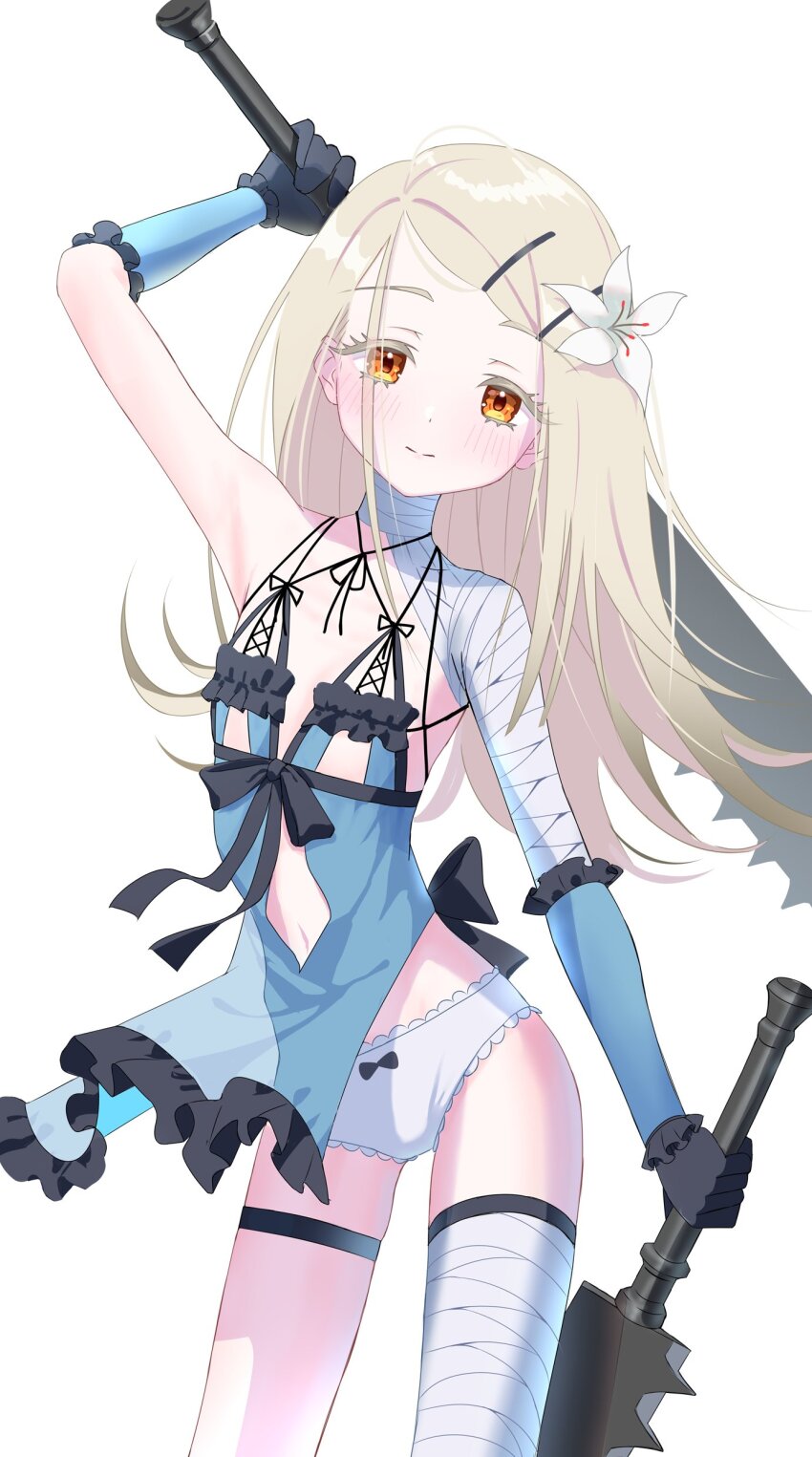 1girl absurdres bandaged_arm bandaged_leg bandaged_neck bandages blonde_hair blue_negligee blush colored_eyelashes commentary_request cosplay cowboy_shot flat_chest flower gakuen_idolmaster hair_flower hair_ornament hairclip highres holding_behind_back holding_weapon_behind_back idolmaster jagged_sword kaine_(nier) kaine_(nier)_(cosplay) light_smile lingerie long_hair looking_at_viewer lunar_tear multiple_swords negligee nier nier_(series) orange_eyes panties shinosawa_hiro simple_background solo underwear weapon white_background white_flower white_panties yorshka517