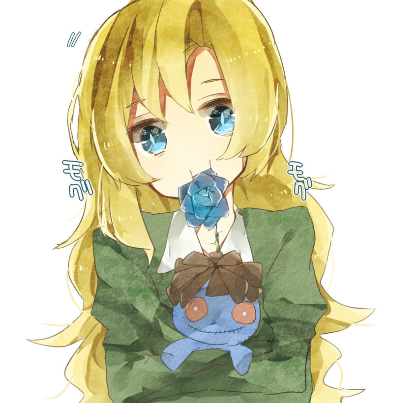 1girl blonde_hair blue_eyes blue_flower blue_rose doll flower ib_(kouri) long_hair mary_(ib) mozuku-sora rose