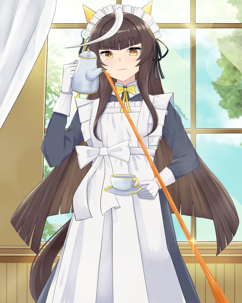 1girl absurdres alternate_costume animal_ears apron aysellost black_dress black_hair blunt_bangs bow bowtie calstone_light_o_(umamusume) commentary cup curtains dress ear_covers enmaided gloves highres hime_cut holding holding_kettle holding_saucer horse_ears horse_girl indoors kettle long_hair long_sleeves looking_at_viewer maid maid_apron maid_headdress saucer smile solo striped_hair tea teacup twitter_username umamusume white_apron white_gloves white_hair yellow_bow yellow_bowtie yellow_eyes you&#039;re_doing_it_wrong