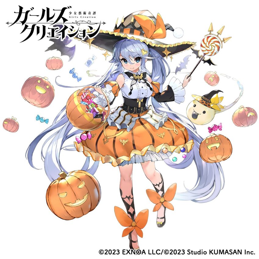 2023 blue_eyes blue_hair bow candy dress food girls_creation halloween halloween_costume hat highres jack-o&#039;-lantern long_hair michelangelo_(girls_creation) nauribon pumpkin sweets twintails wand witch witch_hat