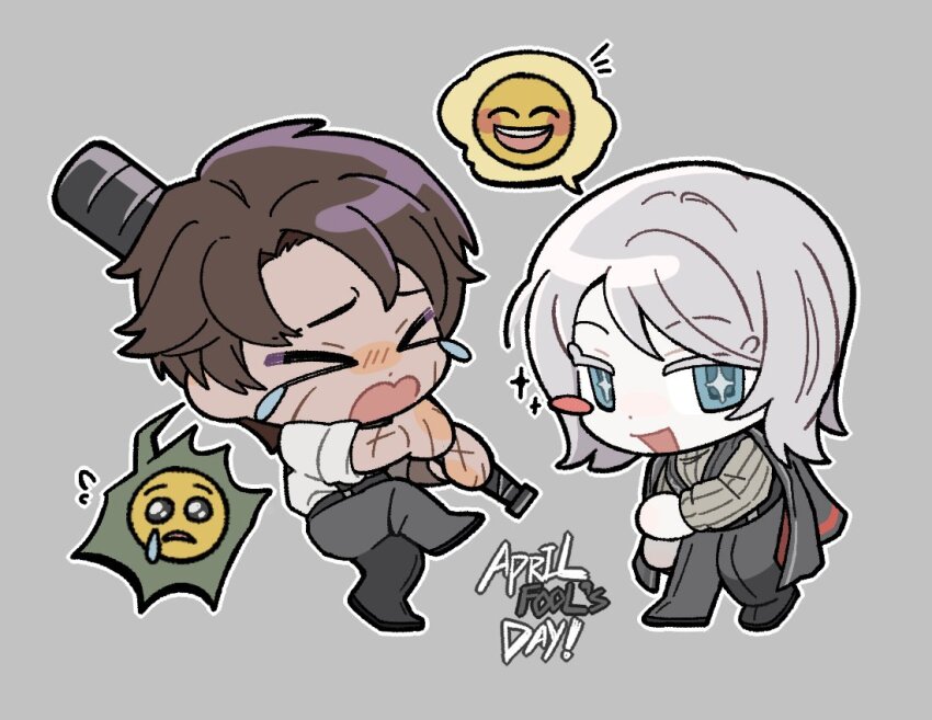 1boy 1girl baseball_bat black_coat black_pants black_vest blue_eyes chibi coat coat_on_shoulders faust_(project_moon) full_body grey_sweater heathcliff_(project_moon) holding holding_baseball_bat limbus_company long_sleeves open_mouth out_of_character pants project_moon ribbed_sweater shirt short_hair smile sparkling_eyes sweater uuu_(gyojamandu) vest white_hair white_shirt